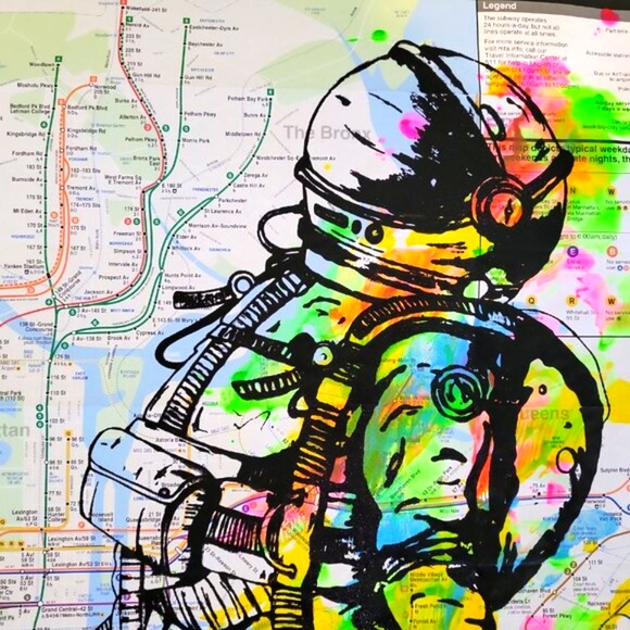 Handpainted Astronaut Acrylic Graffiti Art Spaceman artwork on a NYC Subway Map - Picture 6 of 9